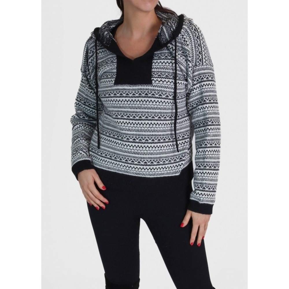 TRIBAL L Fair Isle Knit Hoodie Sweater Black‎ White Long Sleeve Cabincore Cozy